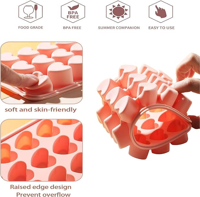 2 Pack Heart-Shaped Ice Cube Trays with lid and bin - 48 Holes Silicone Mini Heart Ice Cube Tray, BPA Free and Dishwasher Safe, Heart Shape Ice Cube Mold, Easy to Remove (2 pink with Lids & Bins)