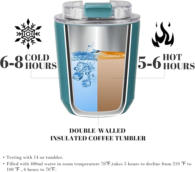 Puraville Insulated Tumblers with Lid, 10 oz Travel Coffee Mug Stainless Steel Vacuum Cup, Leak Proof Reusable Double Walled Coffee Tumbler for Iced and Hot Drinks, Peacock Blue