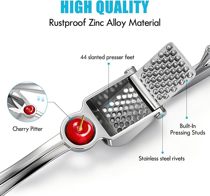 Garlic Press, Premium Kitchen Metal Garlic Crusher Masher Tool, Rust Proof & Dishwasher Safe, Heavy Duty Professional Garlic Mincer with Ergonomic Handle, Easy to Squeeze and Clean -Silver