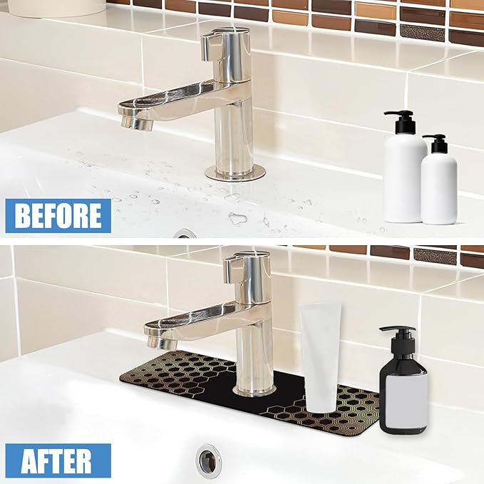 Sink Splash Guard Faucet Mat Black Gold Honeycomb Absorbent Fast Drying Mat Sink Gadgets Splash Guard Behind Faucet Drip Catcher for Kitchen Bathroom 15.5"X5.5"