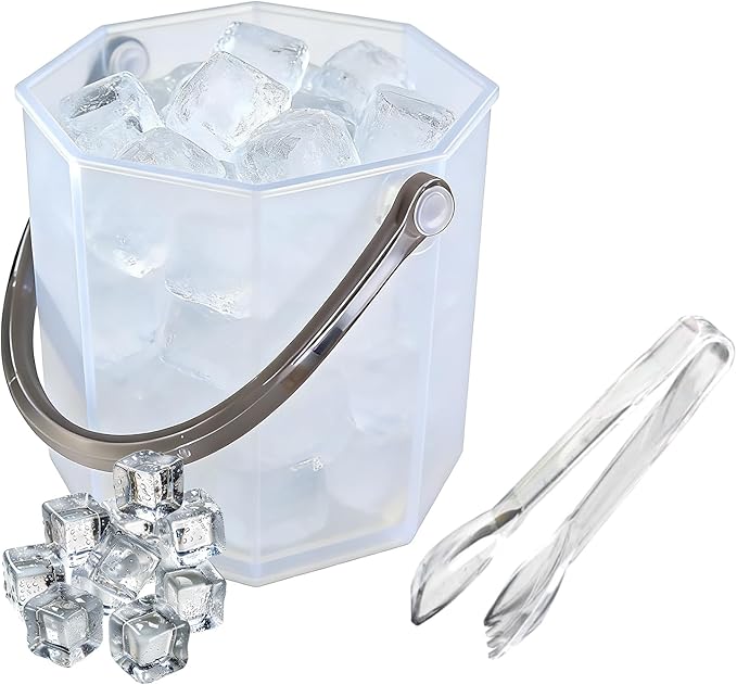 Crystal Ice Bucket with Handle & Tongs-1.1 L Plastic Clear Champagne Ice Buckets for Parties, Beer, Wine, Drinks, Cocktails,-Soda, Mimosa Bar Supplies (Style-A, 37 oz (1.1 L))