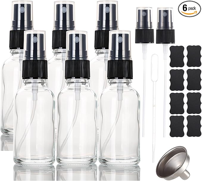 1 oz Glass Spray Bottles,Small Empty Fine Mist Refillable Travel Spray Bottle for Cleaning,Perfume,Aromatherapy,Cosmetic Sprays,Hair,Essential Oils with Fine Mist Dispenser（6 Pack）