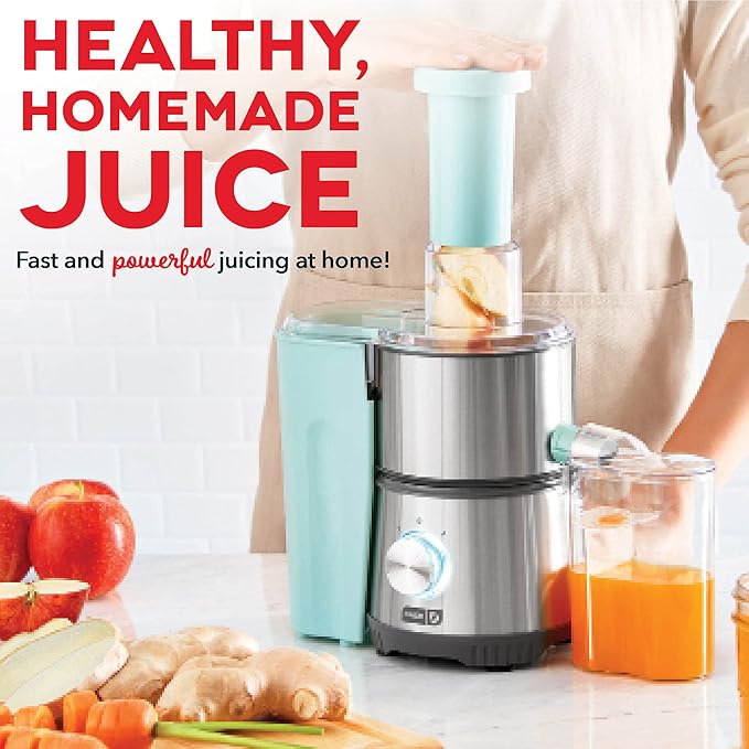 Dash Compact Centrifugal Juicer, Press Juicing Machine, 2-Speed, 2" Wide Feed Chute for Whole Fruit Vegetable, Anti-drip, Stainless Steel Sieve - Aqua