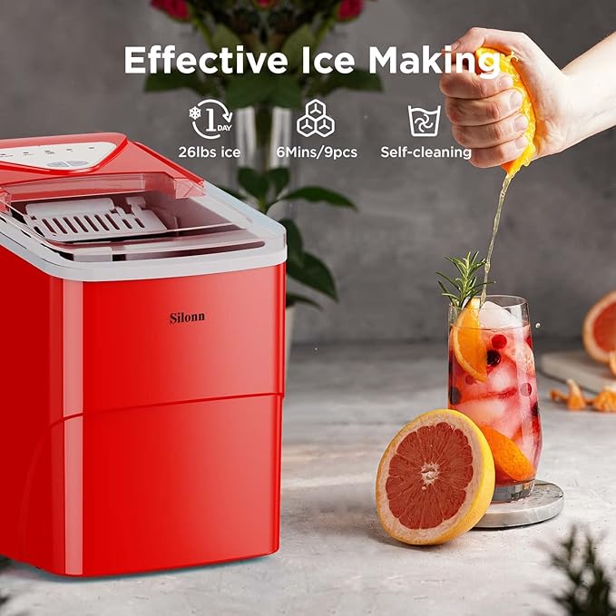 Silonn Ice Makers Countertop, 9 Cubes Ready in 6 Mins, 26lbs in 24Hrs, Self-Cleaning Ice Machine with Ice Scoop and Basket, 2 Sizes of Bullet Ice for Home Kitchen Office Bar Party, Red