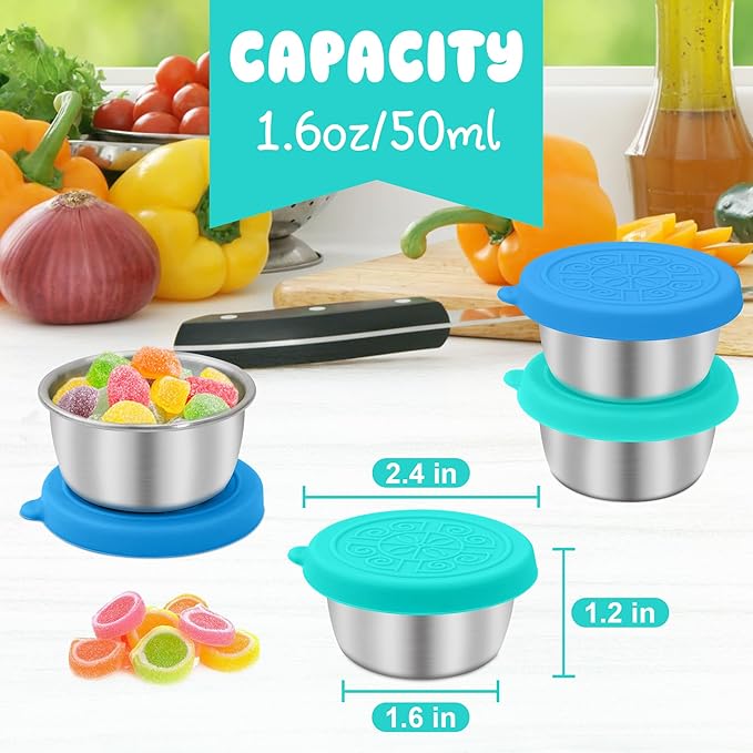 LIEMAND 6x1.6 oz Salad Dressing Container to Go, Leakproof Reusable Stainless Steel Small Container with Lid,Sauce Containers for Lunch box,Picnics,Travel,Office and Meal Prep
