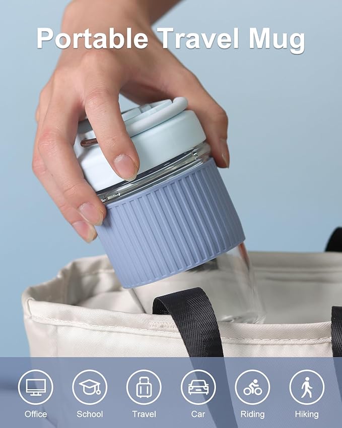 Sivaphe Reusable Glass Ice Hot Coffee Cup 12 oz, Portable Travel Mug with Spill-Proof Lid and Thermal Sleeve for Home Office Blue