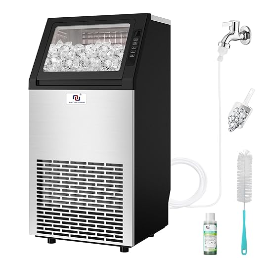 Freestanding Ice Maker Machine - 100 lbs/Day Under-Counter Stainless Steel Ice Maker with 26 lbs Storage, Self-Cleaning, Automatic Inlet Water Line for Clear Ice Cube & Chilled Water for Business