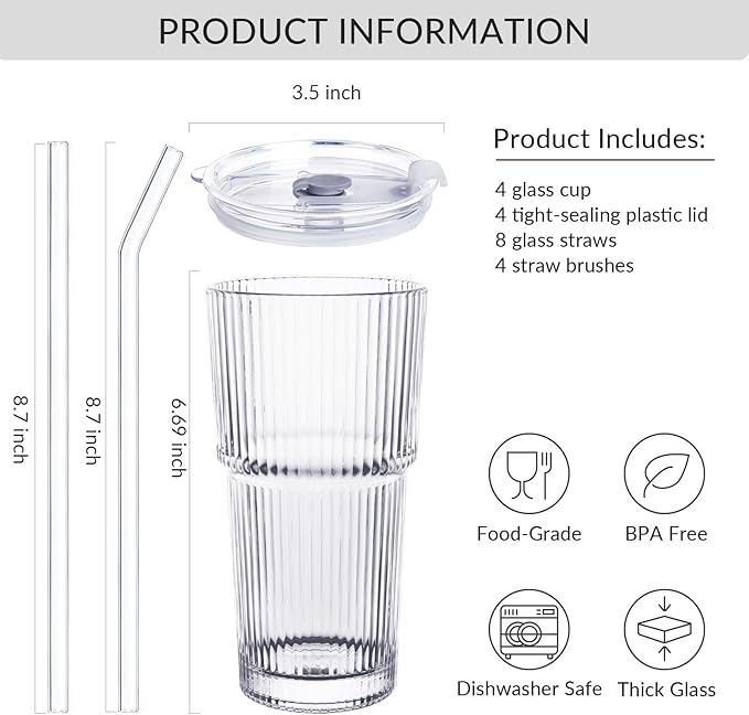 Puraville 4 Pack 20oz Glass Cups with Lids and Straws, Vintage Ribbed Glassware for Whiskey Cocktail Beer, Mason Jar Drinking Glasses Tumbler Iced Coffee Cup