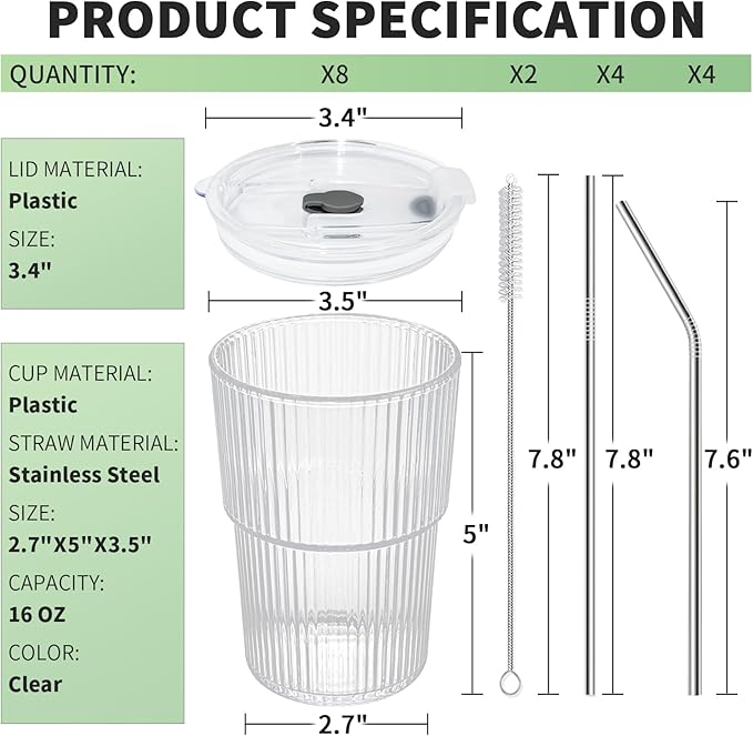 16 OZ Reusable Iced Coffee Cups with Lids and Straws, Unbreakable Plastic Drinking Glasses for Iced Tea, Juice, Water, BPA Free, Dishwasher Safe, Set of 8