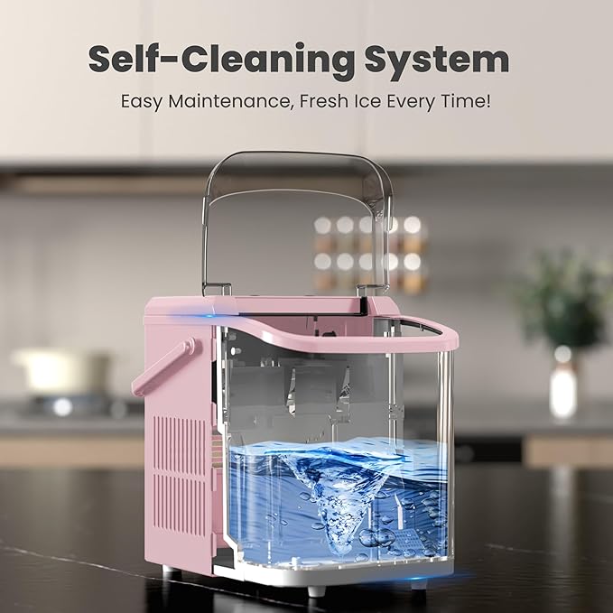 DUMOS Countertop Ice Maker with Handle, 26lbs/24H Portable Ice Machine, 9 Bullet Ice Cubes Ready in 6 Mins, Self-Cleaning, Quiet Compact Ice Maker for Home, Kitchen, RV, Camping, Pink