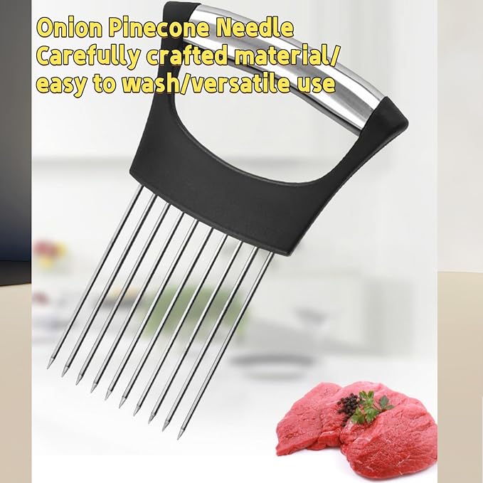 2026 Upgraded Stainless Steel Onion Holder for Slicing, Lemon Slicer Vegetable Cutter, Kitchen Gadgets Chopper Slicing Assistant Tool for Meat, Onion, Potato, Tomato, Black JeQucis, 1 Pcs