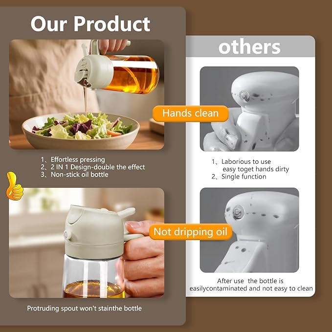 SWEET VIEW 2PCS Oil Sprayer for Cooking, 16oz/470ml Glass Oil Dispenser/Pour Bottle, Kitchen Accessories, Kitchen Gadgets for Air Fryer, Salad, BBQ, with Stickers (Green,White)
