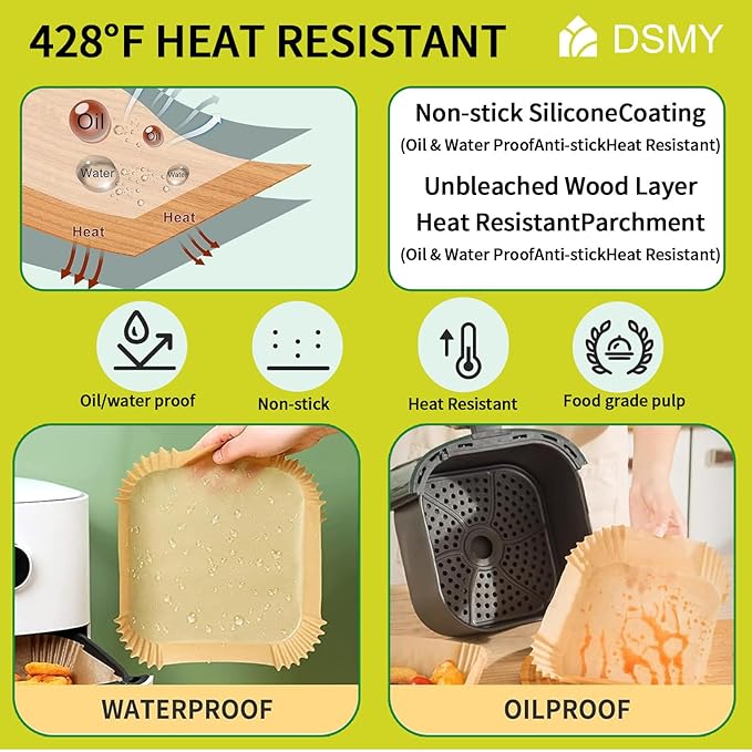 150 PCS Air Fryer Disposable Paper Liners,8 Inch Square Parchment Disposable Paper Liner for 5-8QT Air Fryer,Baking, Roasting and Microwave, Non-Stick Airfryer Accessories