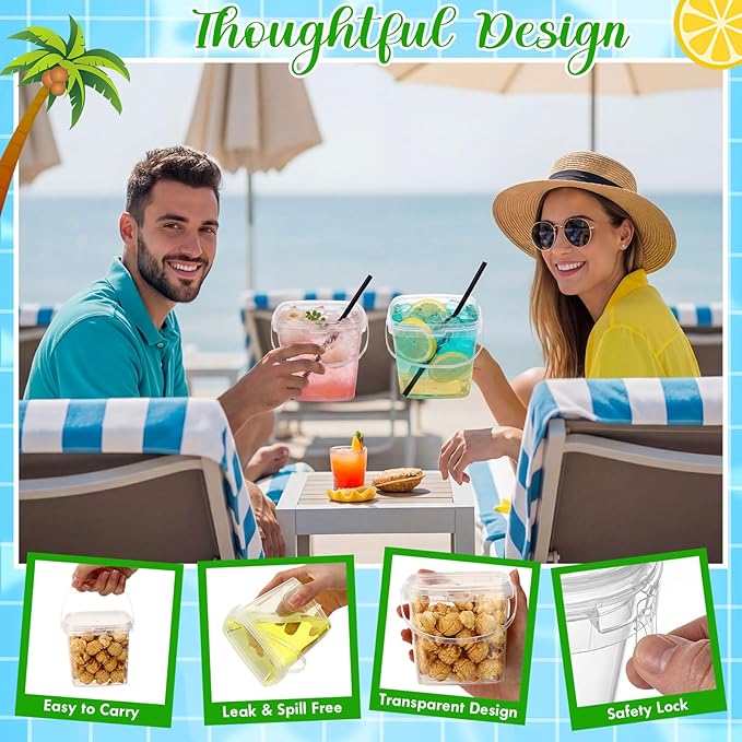 100 Pcs 17 oz Square Clear Drink Buckets with Lids and Straws Reusable Plastic Bucket Cups with Handle for Ice Cream Coffee Cocktail Large Food Safe Party Cup for Pool Beach Bar Birthday