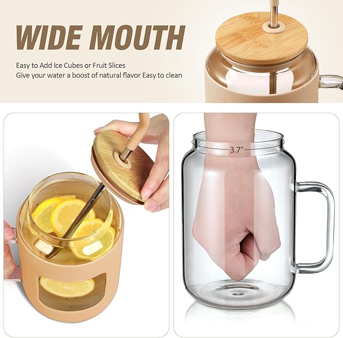 WINSA 50 oz Glass Water Bottles with Silicone Sleeve,Glass Tumbler with Lid and Straw,Iced Coffee Cup with Handle,BPA Free-Amber