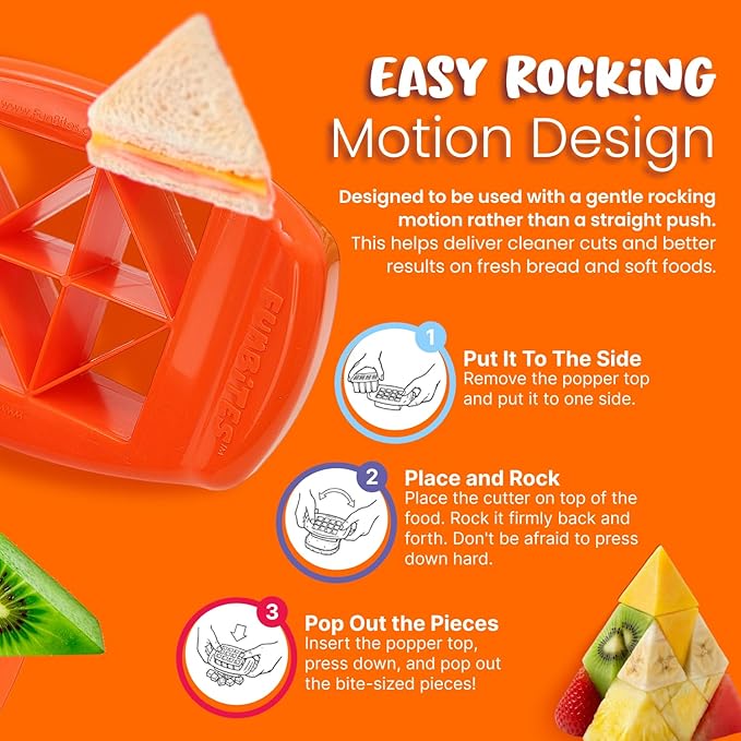 FUNBITES Crustless Sandwich Cutter for Kids Lunch (2-piece set), Uncrustable Sandwich Cutter, Bite-Size Food Cutter for Toddlers, Bento Box Accessories, BPA-FREE Dishwasher Safe, Orange Triangles 1pk