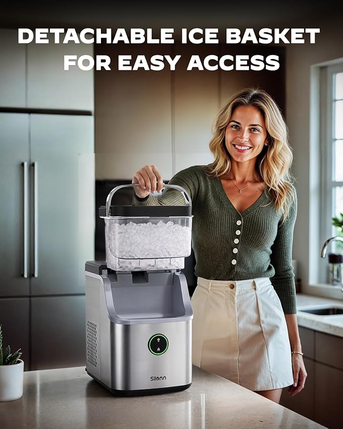 Silonn Nugget Ice Maker Countertop, Ice Basket with Handle, Quiet Operation & Self Cleaning Ice Machine, Chewable Ice, 33 lbs/24H, Portable Pellet Ice Maker with Scoop for Home, Kitchen and Office