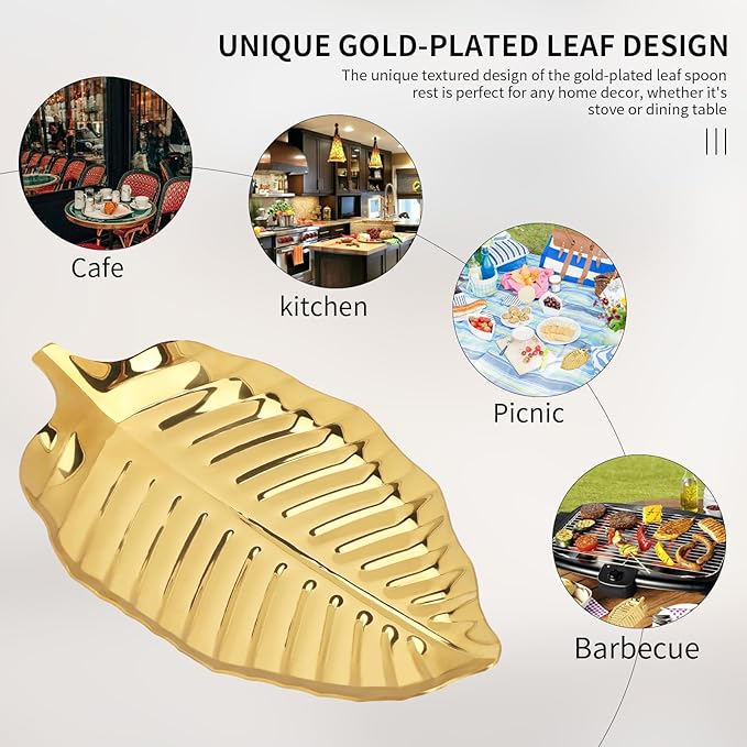 Gold Leaf Spoon Rest for Kitchen Counter and Stove Top, 6.7inch Stainless Steel Utensil Rack, Coffee Spoon Holder, Dessert and Jewelry Storage