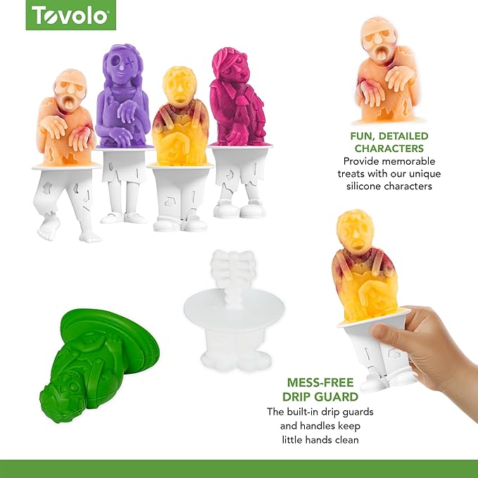 Tovolo Zombie Ice Pop Mold Set of 4 Silicone Halloween Popsicle Molds with Skeleton Sticks, Dishwasher Safe Spooky Zombie Popsicle Molds for Halloween Treats, BPA Free Food Safe Reusable Silicone Mold