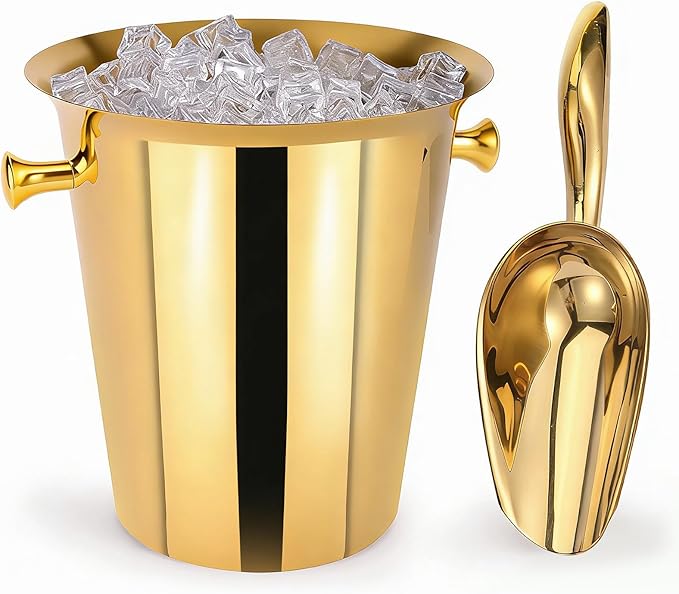 5 Liter Outdoor Gold Ice Bucket with Scoop, Stainless Steel Ice Bucket, Cocktail Bar Wine Party Beverage Cooler, Champagne Bucket，Home Bar Accessory - (Gold)