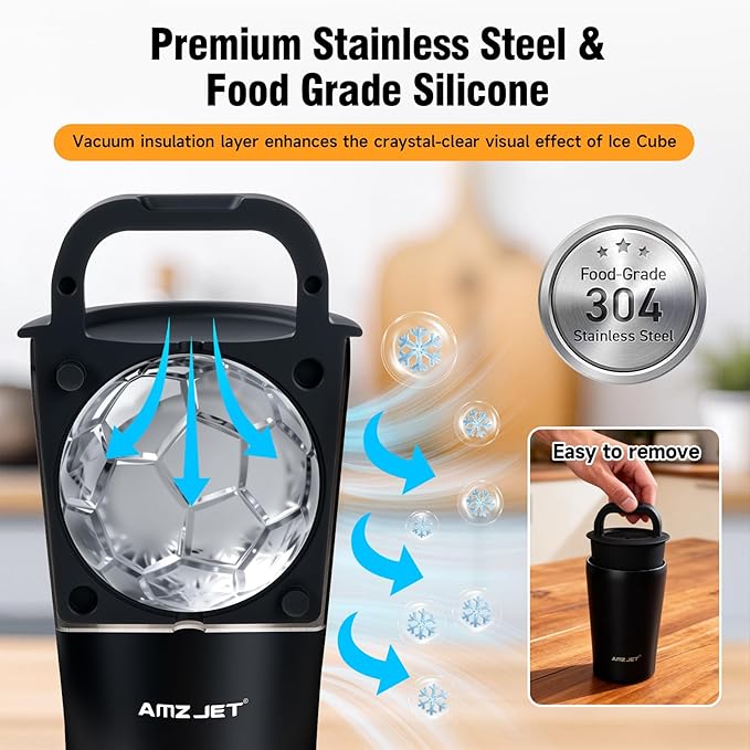 Clear Ice Cube Maker Premium Gift Set – Stainless Steel Whiskey Ice Ball Mold, 2.5” Soccer Ice Sphere with BPA-Free Silicone, Slow Melting Easy Release Ice for Bourbon & Cocktails,Gifts for Men Dad