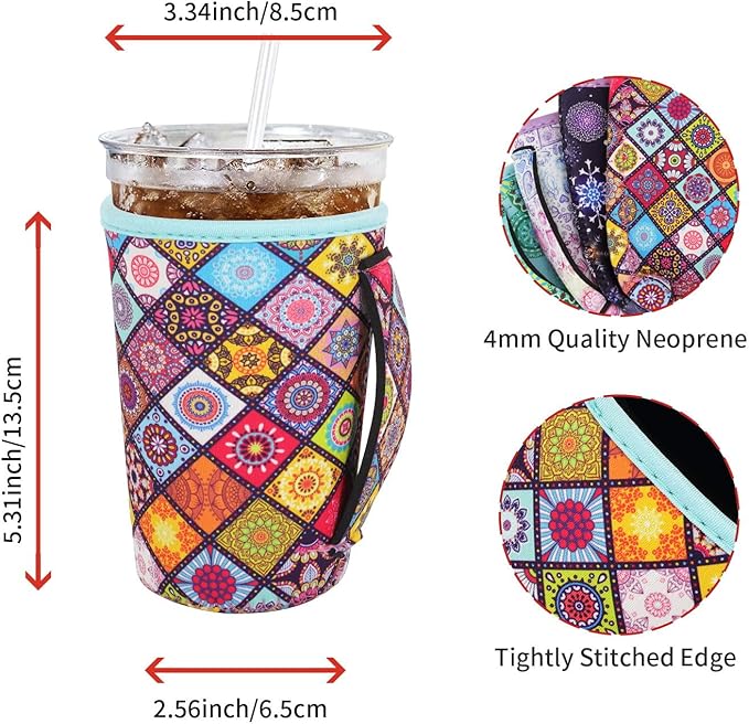 4Pack Reusable Iced Coffee Sleeve Insulator Sleeves for Cold Drinks Beverages, Neoprene Cup Holder for Most Coffee, Fits 22-24oz Medium Cups (Mandala with Handle)