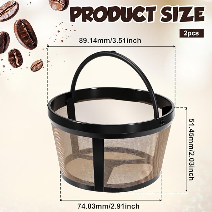 2Pcs Reusable Coffee Filter Basket, Gold Mesh Coffee Filter with Handle for Mr. Coffee, Black+Decker, and Most 4-5 Cup Basket-Style Brewers