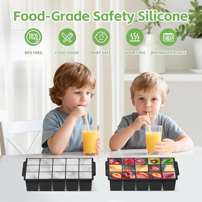 Silicone Ice Cube Tray with Locks Lids, Easy Release Flexible 15 Square Ice Trays for Freezer, Stackable & Reusable Ice Cube Mold for Whiskey, Cocktails, Baby Food, BPA Free, 2 Pack (Black)