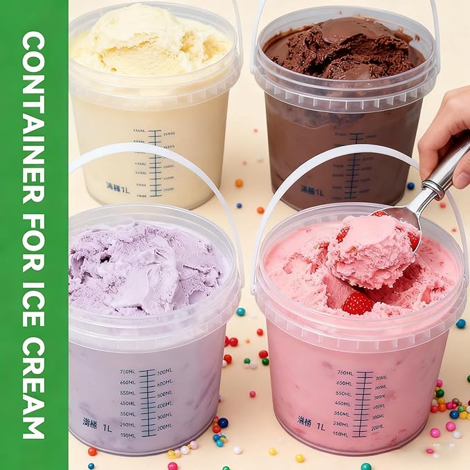 4 Pack 34 Clear Plastic Buckets with Secure Pressure Lids - Food Safe Storage Containers with Tear Strip & Blue Lines, Ideal for Food, Soup, Freezer Storage