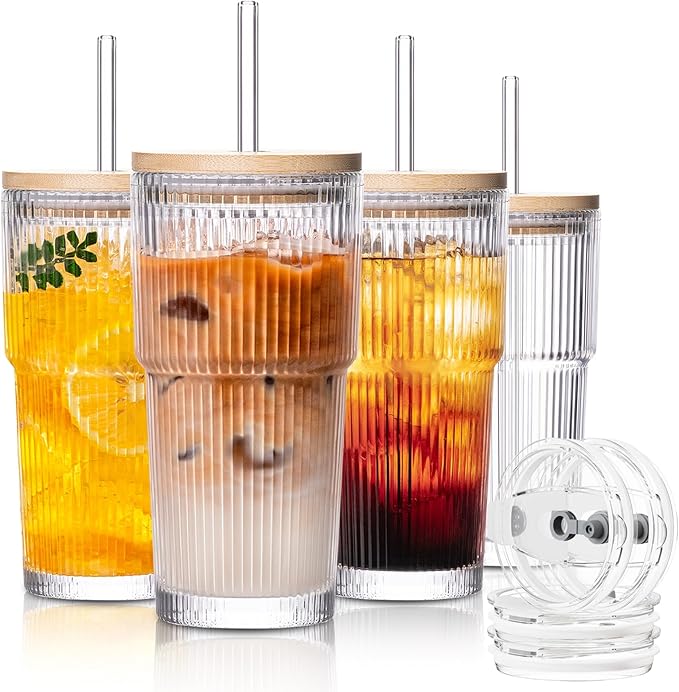 SoulTimes 20oz Glass Cups with Lids and Straws, Ribbed Glass Tumbler for Iced Coffee, Smoothie, Juice & Cold Drinks, Reusable Thick Glassware Set, Elegant Home & Travel Drinkware【4 Pack】