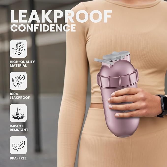SHAKESPHERE Shaker Bottle - 24oz Leak Proof Protein Shaker Bottle for Pre Workout, Smoothie, and Powder Drink Mixes, No-Blade Mixer for Gym, BPA-Free, Easy Clean & Easy to Carry (Rose Gold)