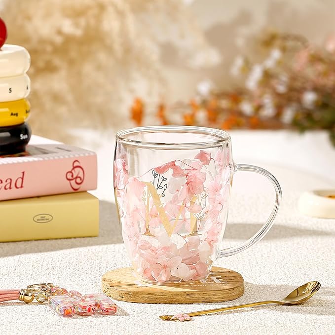 Personalized Gifts for Women Flower Glass Coffee Mug Initial Tea cup Mother's Day Gifts for Mom Monogrammed Customized Bridesmaid Bride Wedding Gifts Graduation Valentines Birthday Christmas Gift(M)