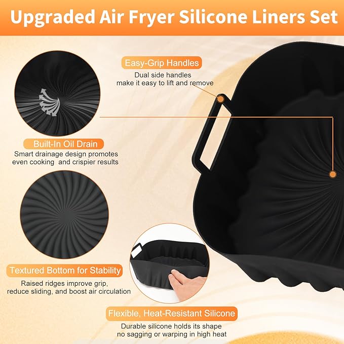 2 Pack Silicone Air Fryer Liners,7.8 Inch Reusable Air Fryer Basket for 4-7 QT Air Fryers,with Handles,Non-Stick,Food Grade Silicone Tray,Replacement for Parchment Paper – Oven Microwave Safe