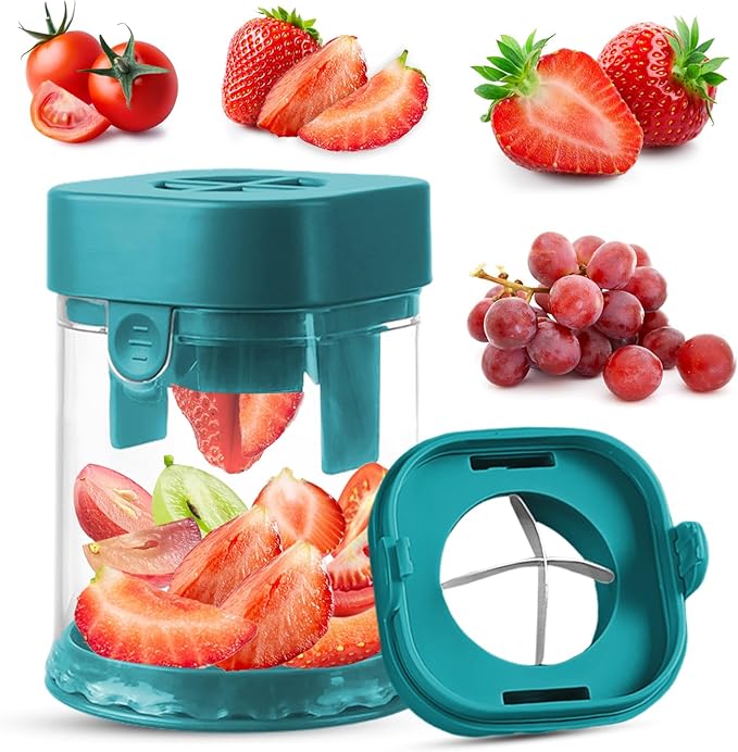 Small Fruit Cutter, Creative Strawberry & Grape Slicer, Quickly Making Fruit Vegetable Salad (Dark Teal)