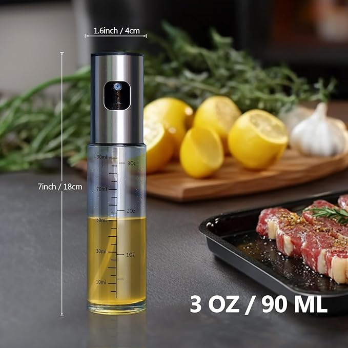 2 Pack Oil Sprayer for Cooking, 3.5 OZ Olive Oil Dispenser Bottle for Kitchen Gadgets, Food, Air Fryer, Salad, Vinegar, BBQ, Stainless Steel Pump for Mist Spray, Glass Metarial Mister, 100 ML