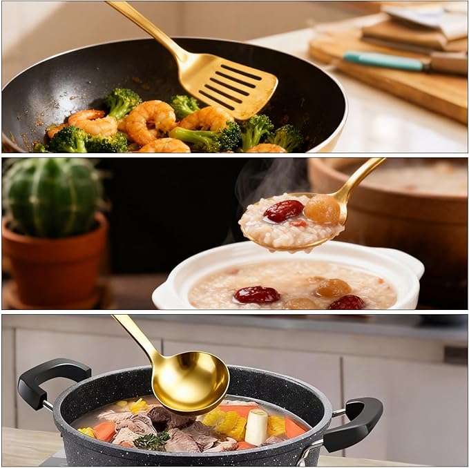Kitchen Cooking Utensils Set, 3 pcs Stainless Steel Cooking Utensils Spatula Set with Titanium Gold Plating, Kitchen Gadgets Utensil Set