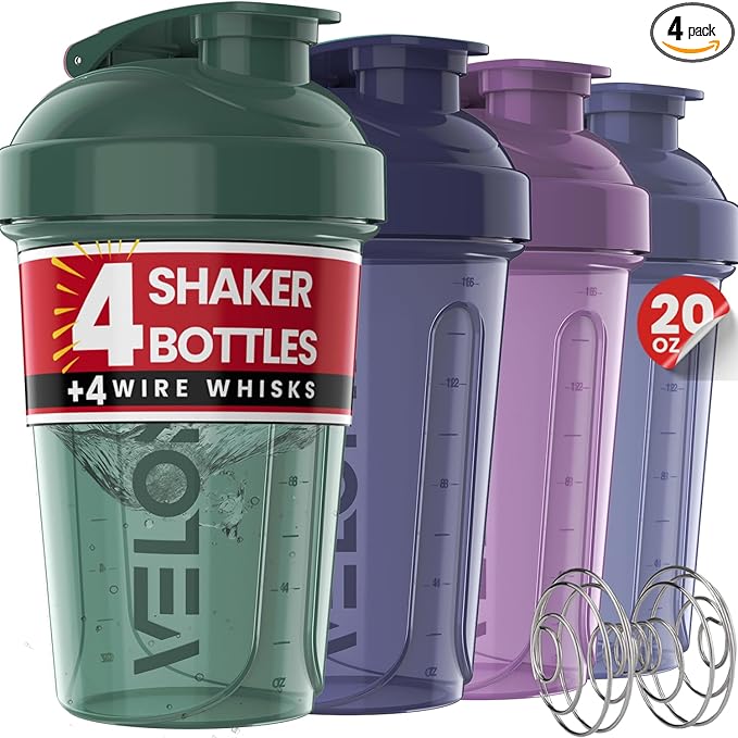 VELOMIX -4 PACK- 20 oz Protein Shaker Bottle for Protein Mixes - 4x Wire Whisk | Leak Proof Shaker Cups for Protein Shakes | Stackable Protein Shaker Bottle Pack | Dishwasher Safe (Blue Mirage)