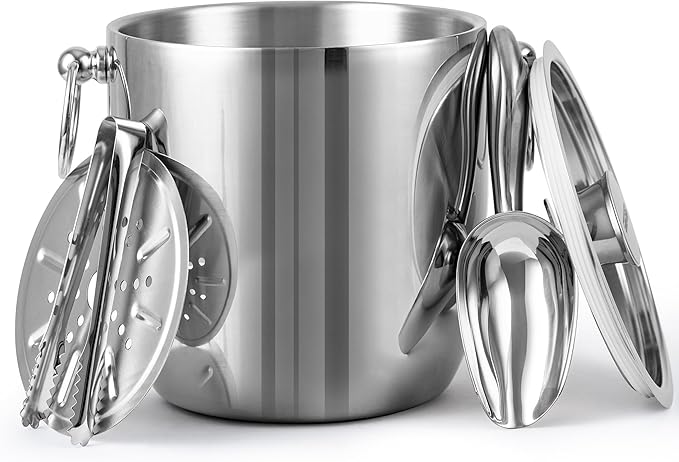 Insulated Ice Bucket, 3L Double Wall Stainless Steel Ice Bucket with Tongs,Lid, Scoop and Strainer, Ice Buckets for Parties,Cocktail Bars, Chilling Beer, Champagne, Wine Bottles