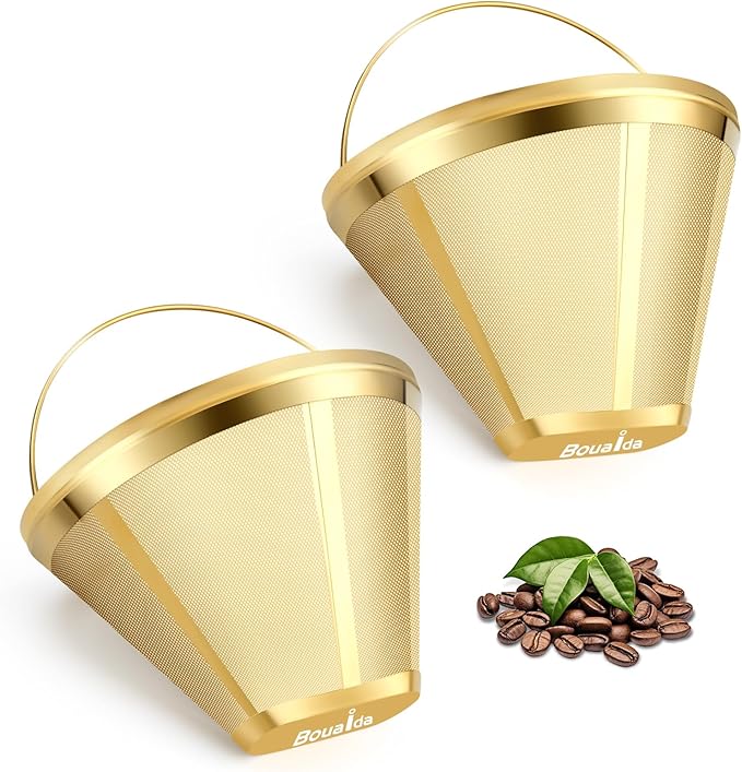 Gold Stainless Steel Coffee Filter, Reusable 304 Stainless Steel Permanent Replacement Filter for Ninja Dual Brew Pro, Ninja CFP301, CFP201 & #4 Cone Coffee Makers (2-Pack)