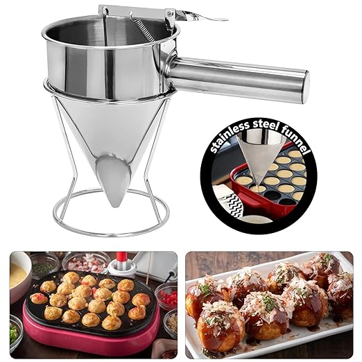Stainless Steel Pancake Batter Dispenser, Funnel Dispenser with Stand, Kitchen Must Have Tool for Perfect Pancakes, Cupcake, Waffle, Muffin Mix, Cake & Crepe, Easy Pour Baking Supplies for Griddle