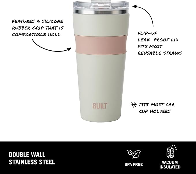 BUILT 24oz Shasta Double Wall Vacuum Insulated Stainless Steel Tumbler with Easy to Clean Flip to Open Lid, Oat