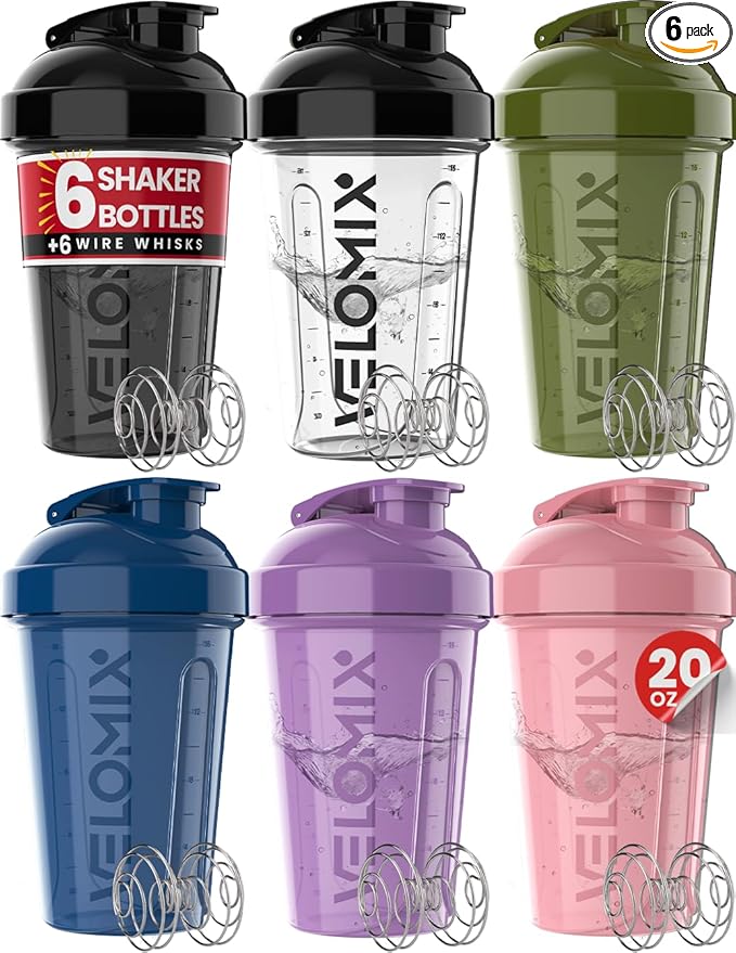 VELOMIX -6 PACK- 20 oz Protein Shaker Bottle for Protein Mixes - 6x Wire Whisk | Leak Proof Shaker Cups for Protein Shakes| Stackable Protein Shaker Bottle Pack | Dishwasher Safe (Muted Contrast)