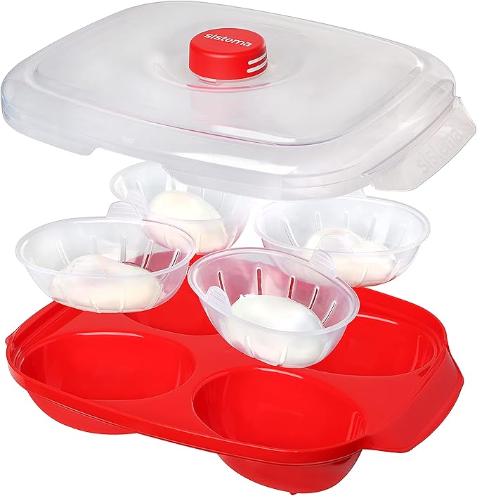 Sistema Microwave Poacher for up to 4 Eggs, Red/Clear, 28.7 x 20.5 x 8.4 cm