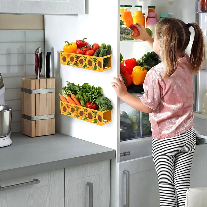 Beeveer 2 Pack Sunflower Magnetic Spice Rack for Refrigerator Metal Magnet Basket Shelf for Fridge Seasoning Storage Organizers Home Decor Kitchen Accessories (White)