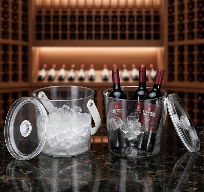 2 Pack Ice Bucket with Airtight Lid, Champagne Bucket with Handle, Plastic Beverage Tub for Parties, Bar Cart Accessories for Wine, Drink, Beer Bottles, Clear