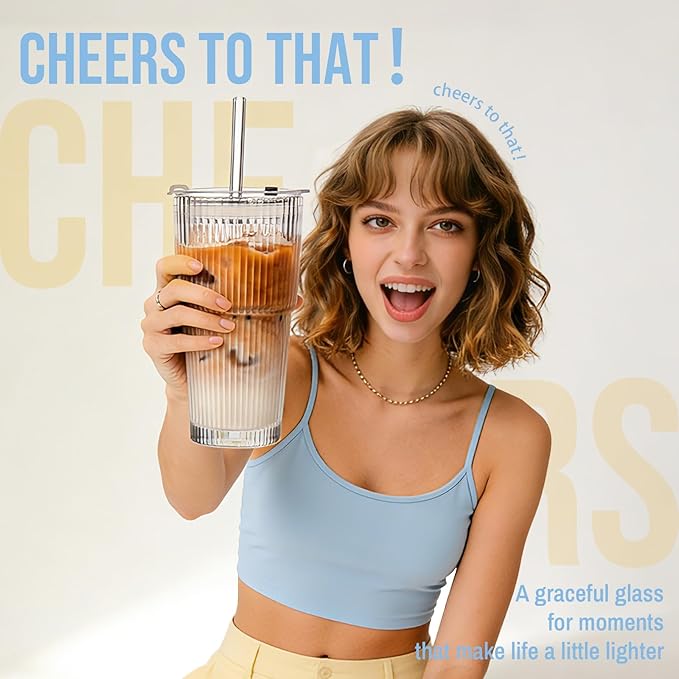SoulTimes 20oz Glass Cups with Lids and Straws, Ribbed Glass Tumbler for Iced Coffee, Smoothie, Juice & Cold Drinks, Reusable Thick Glassware Set, Elegant Home & Travel Drinkware【4 Pack】