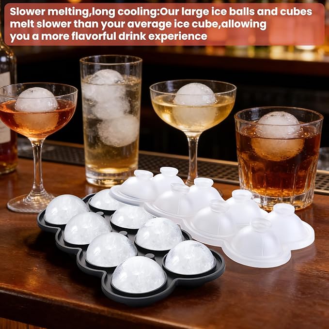 Ice Ball Maker Mold, 8 Hole Large Round Ice Cube Tray with Built-In Easy-Fill Funnel & Water Level Line, Silicone 1.7" Sphere Ice Mold for Whiskey, Cocktails, Bourbon