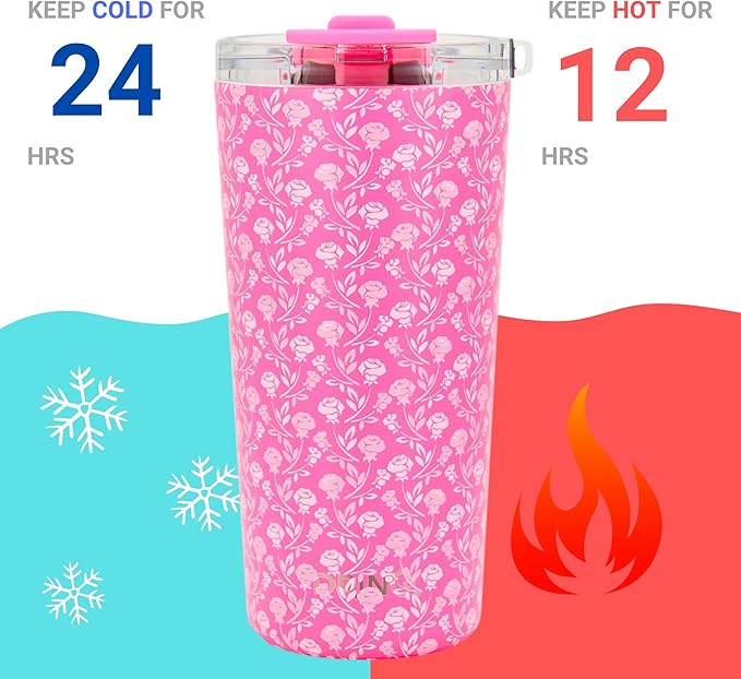 Drinco - 20 oz Stainless Steel Tumbler | Double Walled Vacuum Insulated Mug With Lid, 2 Straws, For Hot & Cold Drinks (20oz Pink Rose)