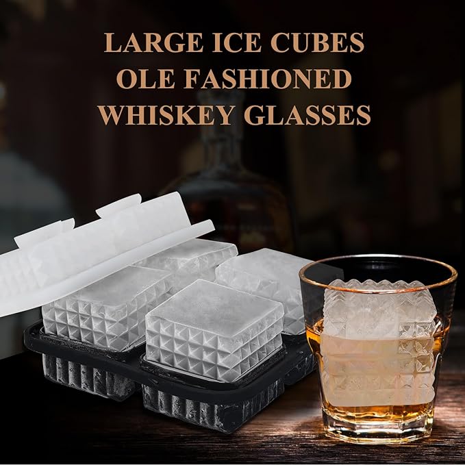 2-Inch Whiskey Ice Cubes Mold,2 Pack Silicone Ice Cube Trays with Lid, Diamond Textured Large Square Ice Cube Mold,Bourbon Ice Cube Molds,Ice Tray-Ice Molds for Whiskey,Cocktails,Old Fashioned