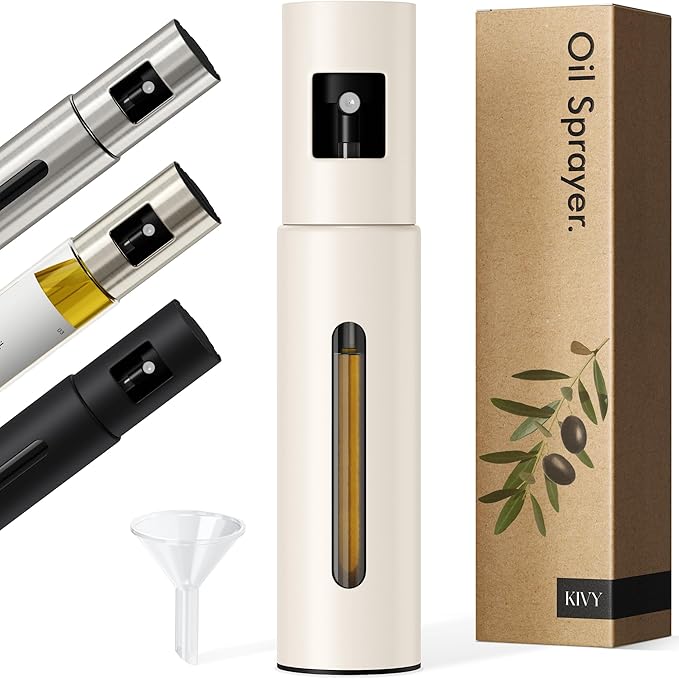 KIVY Glass Oil Sprayer for Cooking– Precise Oil & Vinegar Spray Bottle Oil Mister Spray Bottle for Food – Includes Funnel – Perfect for Cooking & Air Fryer (Beige)